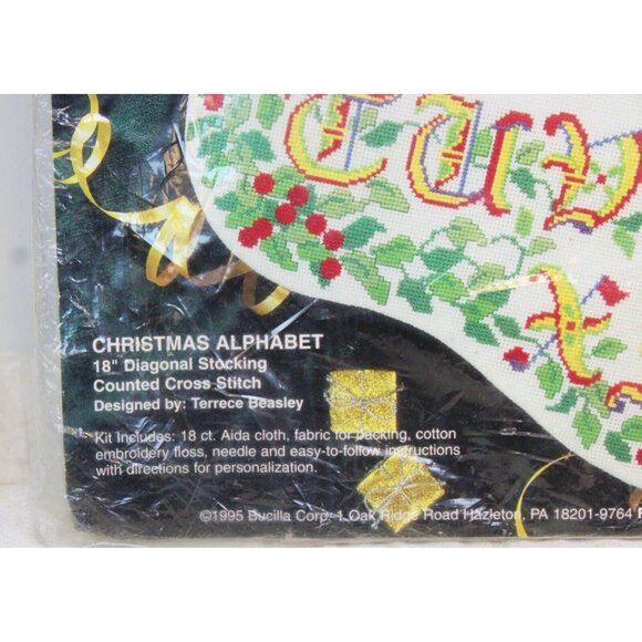 Vtg 1995 Bucilla Christmas Alphabet Cross Stitch Kit Stocking Kid Teacher School - Picture 2 of 6